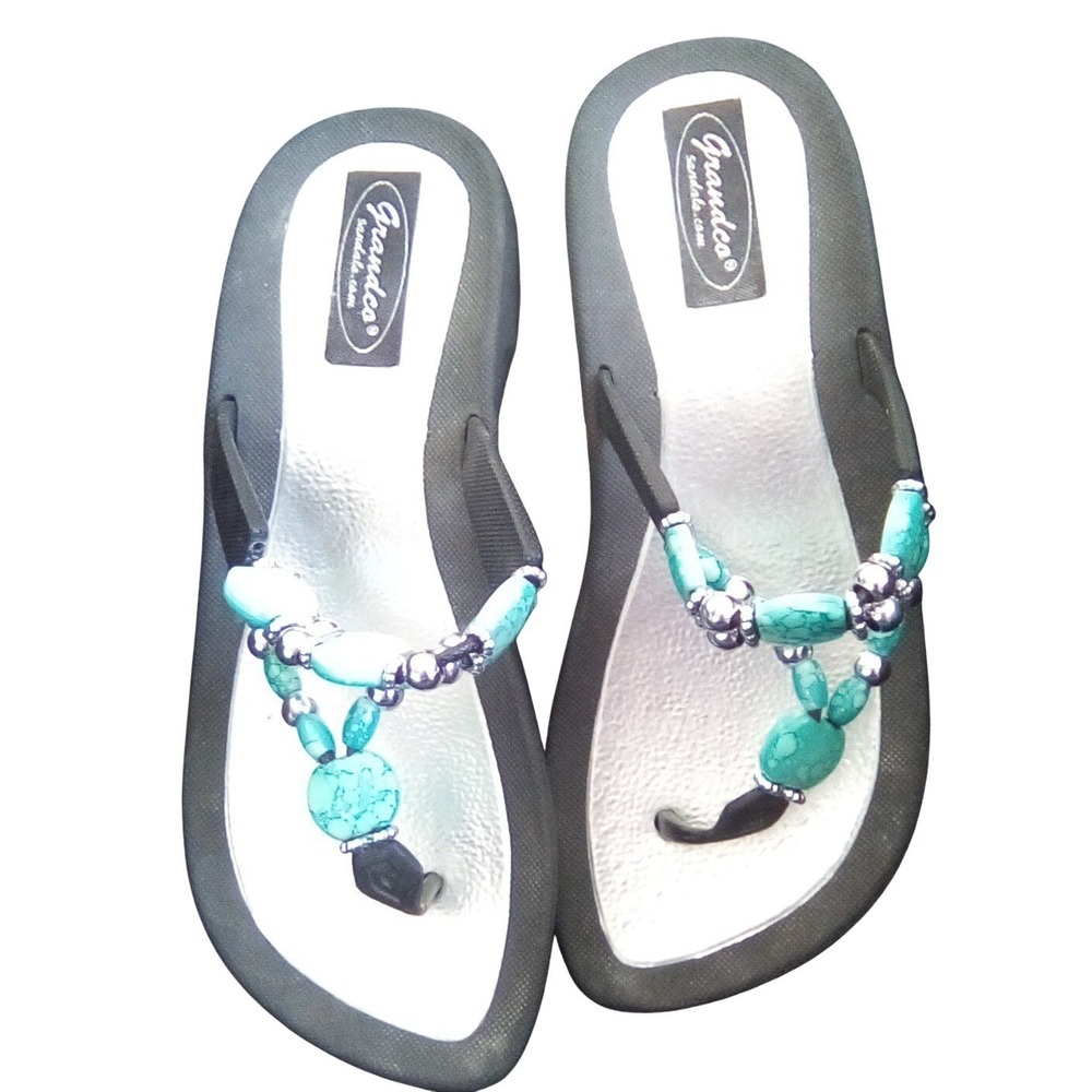 Grandco Womens Beaded F Flop Sandals Turquoise Silver Black HY-0969 Size 7
